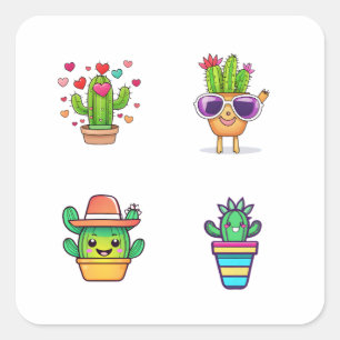Cute Cartoon Cactus Funny 4 Pack Stickers.png Square Sticker