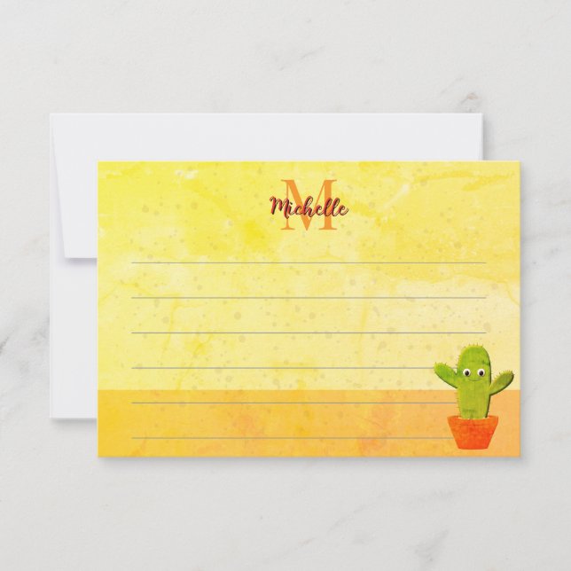 Cute Cartoon Cactus Painting Custom Lined Monogram Card (Front)