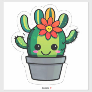 Cute Cartoon Cactus Plant in Pot With Flower