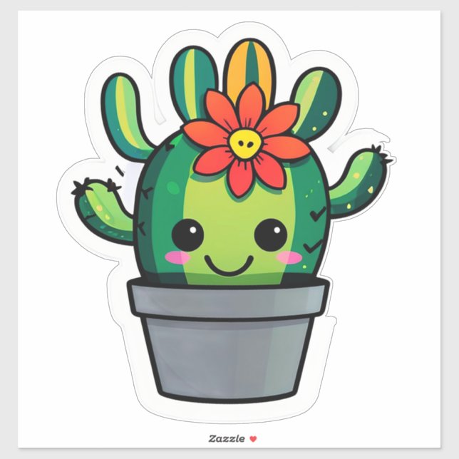 Cute Cartoon Cactus Plant in Pot With Flower  (Sheet)
