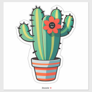 Cute Cartoon Cactus Plant in Pot With Flower