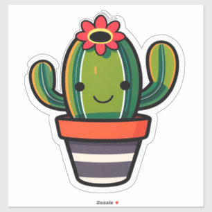 Cute Cartoon Cactus Plant in Pot With Flower 