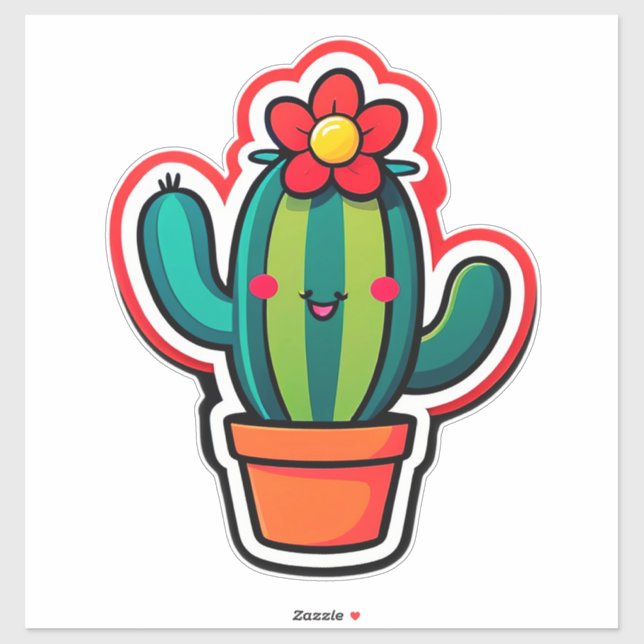 Cute Cartoon Cactus Plant in Pot With Flower  (Sheet)
