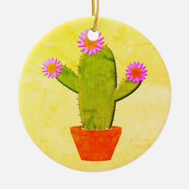 Cute Cartoon Cactus With Pink Flowers Christmas Ceramic Tree Decoration (Front)