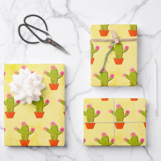 Cute Cartoon Cactus With Pink Flowers Painting Wrapping Paper Sheet (Front)