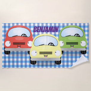 Cute cartoon cars blue check background beach towel