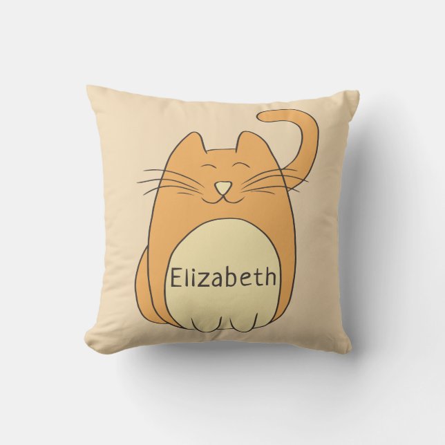Cute Cartoon Cat Add Name | Beige Cushion (Front)