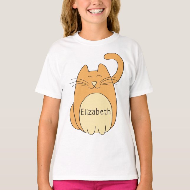 Cute Cartoon Cat Add Name | Beige T-Shirt (Front)