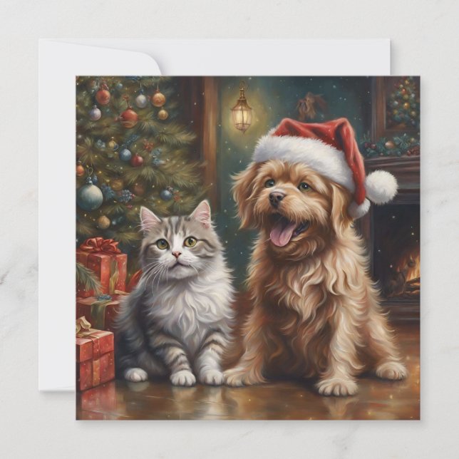 Cute Cartoon Cat and Dog Christmas  Holiday Card (Front)