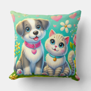 Cute Cartoon Cat and Dog Sitting Together Cushion