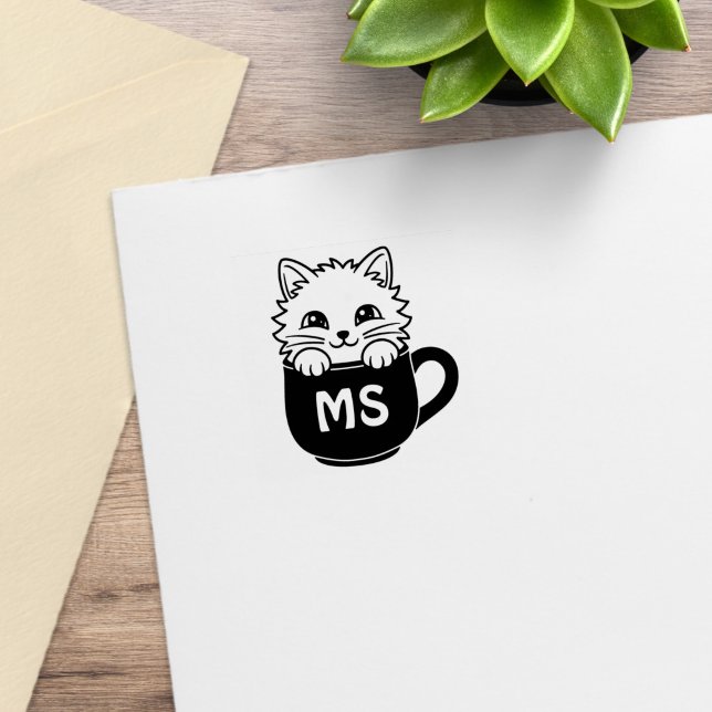 Cute Cartoon Cat Coffee Mug Monogram Initial 1x1 Rubber Stamp (Creator Uploaded)