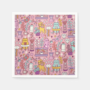 Cute Cartoon Cat Collection On Pink Napkin