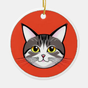 Cute Cartoon Cat Face With Bold Graphic Design Ceramic Tree Decoration