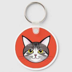Cute Cartoon Cat Face With Bold Graphic Design Key Ring