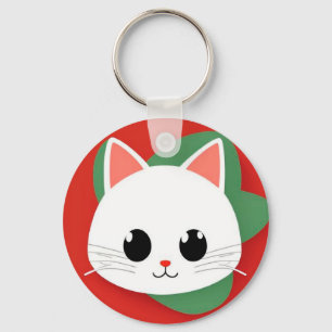 Cute Cartoon Cat Face With Bold Graphic Design Key Ring