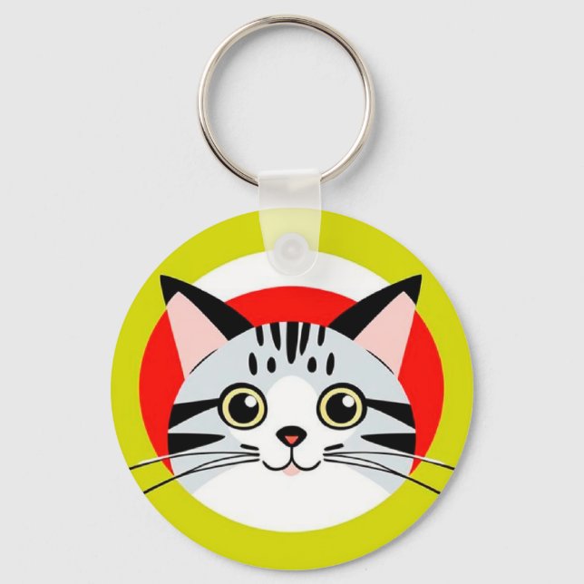 Cute Cartoon Cat Face With Bold Graphic Design Key Ring (Front)