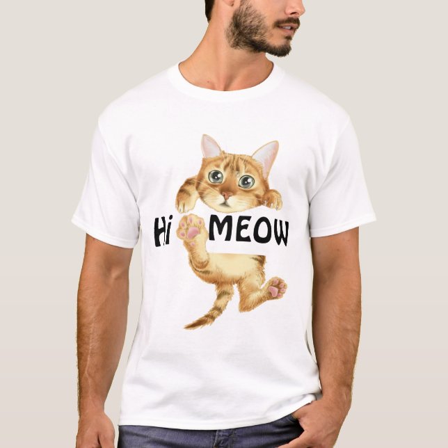 Cute Cartoon Cat "Hi Meow" Funny T-Shirt (Front)