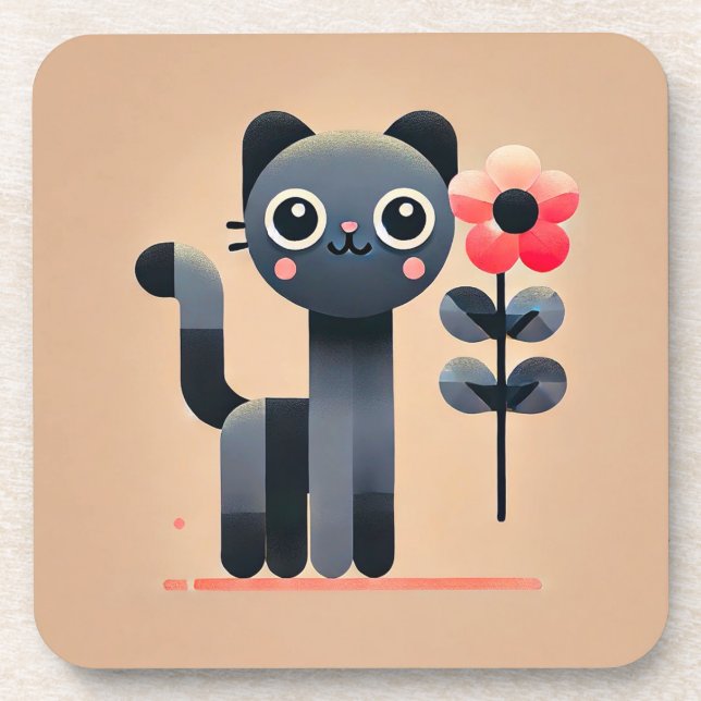 Cute Cartoon Cat Holding a Flower Coaster (Front)