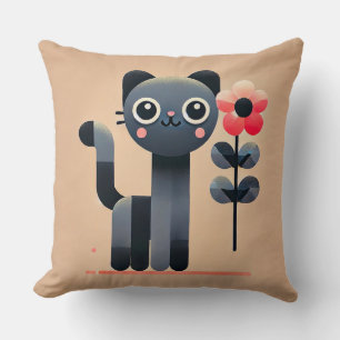 Cute Cartoon Cat Holding a Flower Cushion