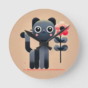 Cute Cartoon Cat Holding a Flower Round Clock