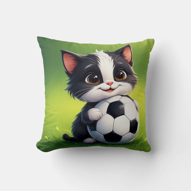Cute Cartoon Cat Holding Soccer Ball Cushion (Front)