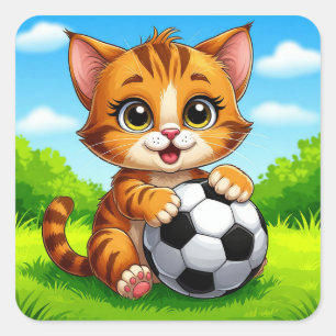 Cute Cartoon Cat Holding Soccer Ball Square Sticker