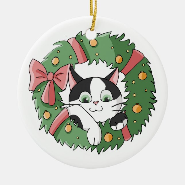 Cute Cartoon Cat in Christmas Wreath Ornament (Front)