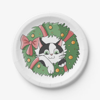 Cute Cartoon Cat in Christmas Wreath Paper Plate
