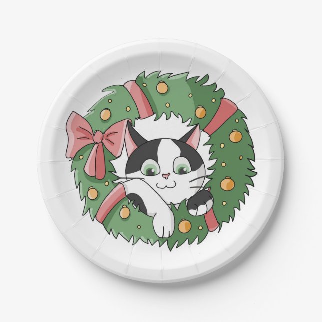 Cute Cartoon Cat in Christmas Wreath Paper Plate (Front)