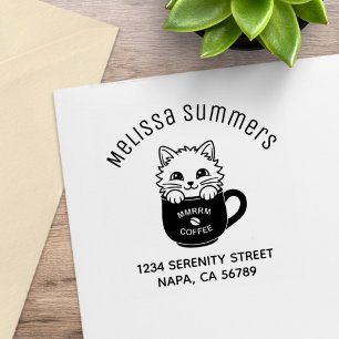 Cute Cartoon Cat in Coffee Mug Arch Address Rubber Stamp