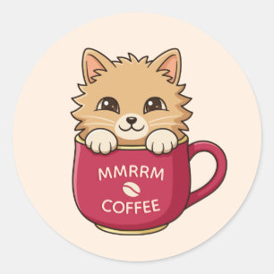 Cute Cartoon Cat in Coffee Mug Beige Custom Text Classic Round Sticker