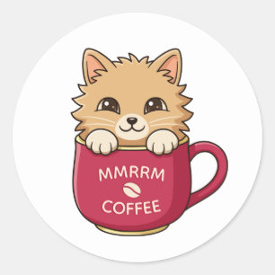 Cute Cartoon Cat in Coffee Mug Custom Text Classic Round Sticker