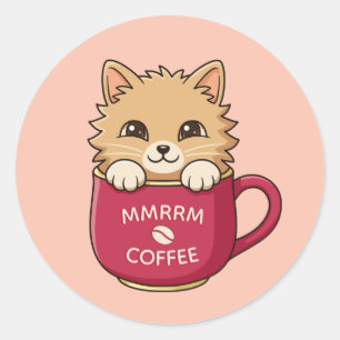 Cute Cartoon Cat in Coffee Mug Pink Custom Text Classic Round Sticker