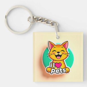 Cute Cartoon Cat Logo with Text Promoting Love Key Ring