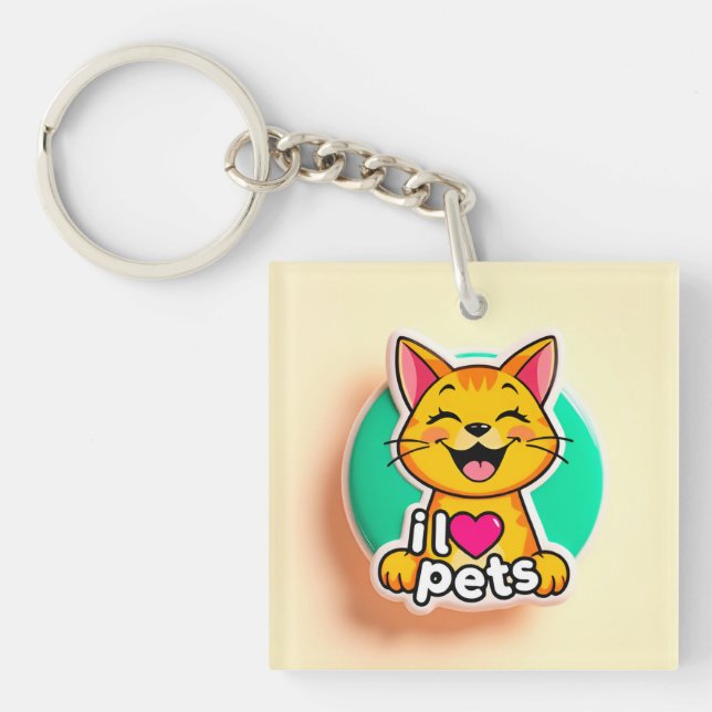 Cute Cartoon Cat Logo with Text Promoting Love Key Ring (Front)
