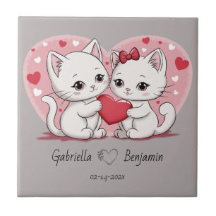 Cute Cartoon Cat Lovers Heart Valentine’s Day Tile