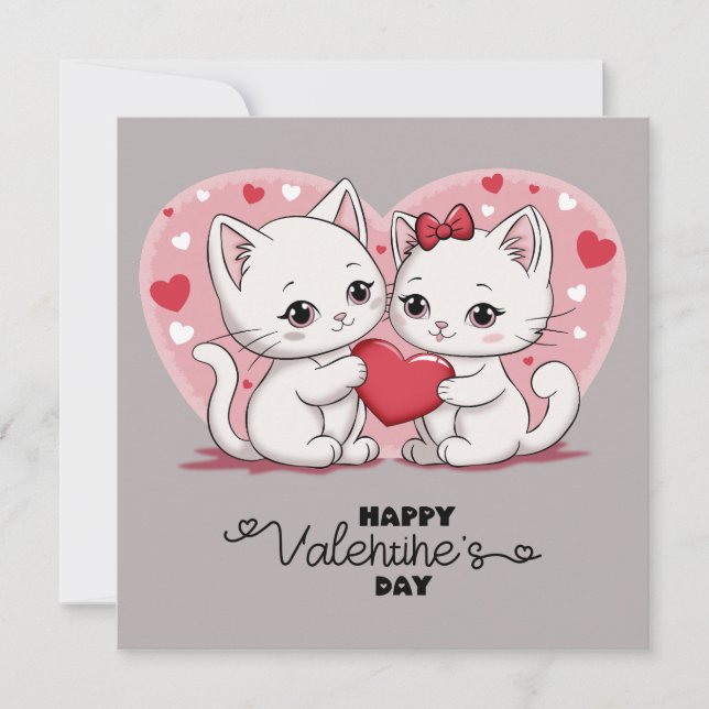 Cute Cartoon Cat Lovers Hearts Valentine’s Day Holiday Card (Front)