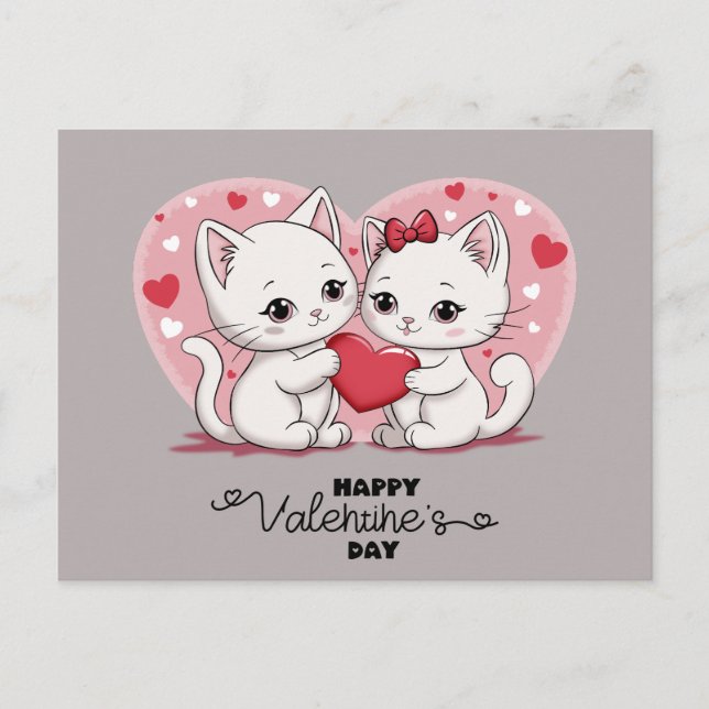 Cute Cartoon Cat Lovers Hearts Valentine’s Day  Postcard (Front)