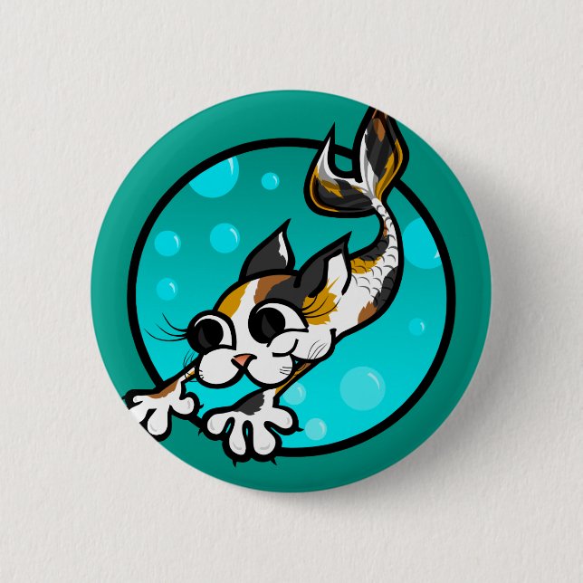 CUTE CARTOON CAT MERMAID ROUND PIN BACK BUTTON (Front)