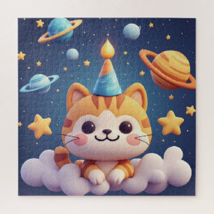 Cute Cartoon Cat On Cloud With Party Hat Jigsaw Puzzle
