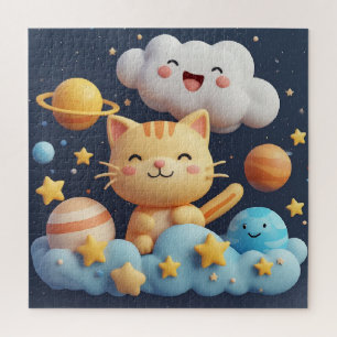 Cute Cartoon Cat On Cloud With Party Hat Jigsaw Puzzle