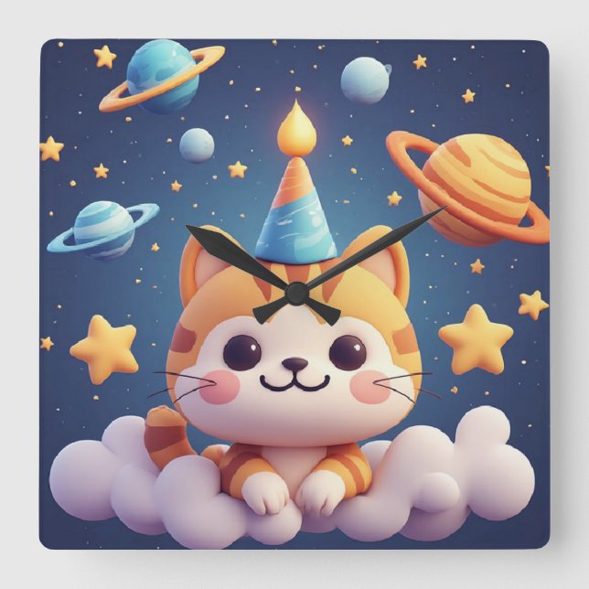 Cute Cartoon Cat On Cloud With Party Hat Square Wall Clock (Front)