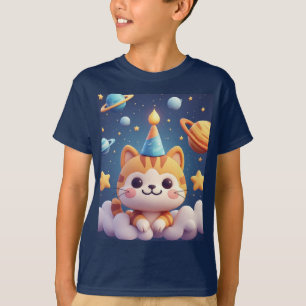 Cute Cartoon Cat On Cloud With Party Hat T-Shirt
