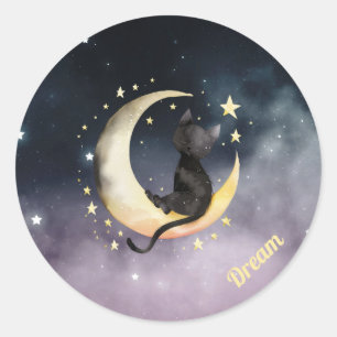 Cute Cartoon Cat on Moon Classic Round Sticker