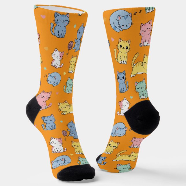 Cute Cartoon Cat Pattern Crew Socks (Angled)