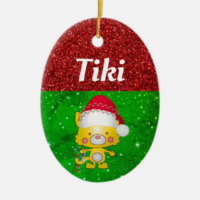 Cute Cartoon Cat Pet Name Christmas Ceramic Tree Decoration (Front)