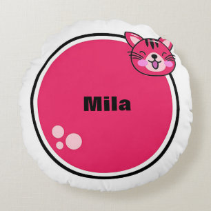 Cute Cartoon Cat Pink Circular Shape Round Cushion
