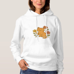 Cute Cartoon Cat Playing with Flowers Hoodie Desig
