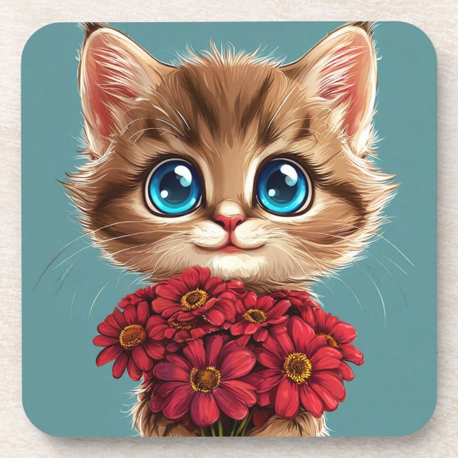 🐱 Cute Cartoon Cat Red Flower Home Gift 🌸 Coaster (Front)