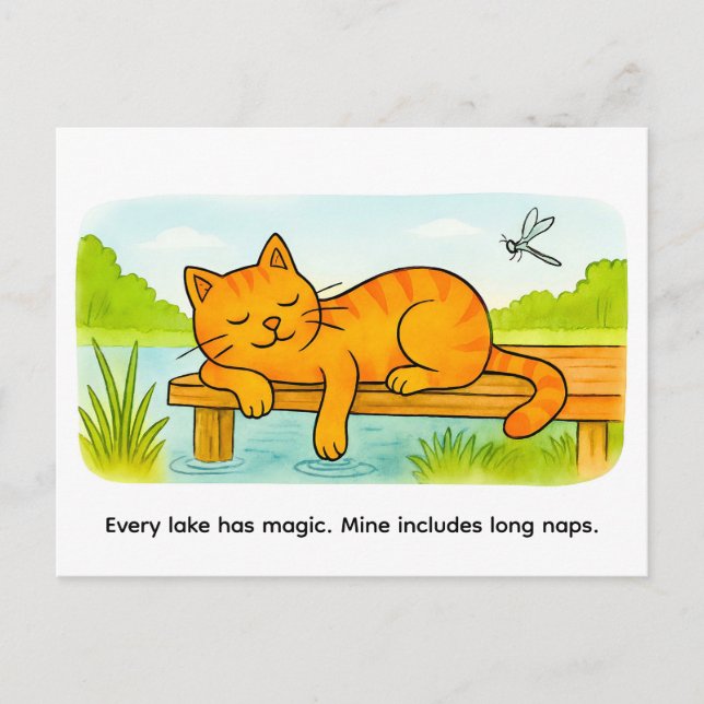 Cute Cartoon Cat Resting on Wooden Dock Postcard (Front)